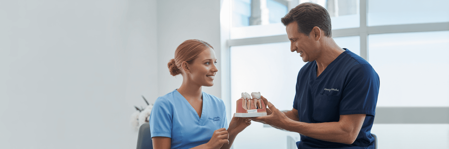 Dentist explaining dental implant model to patient.