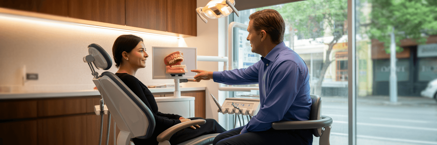 Dentist explaining tooth model to patient.