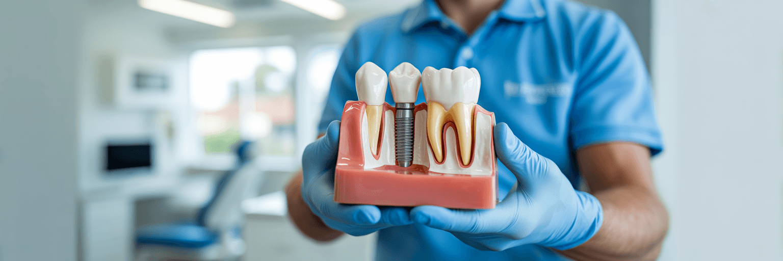 Dentist holding a dental implant model.